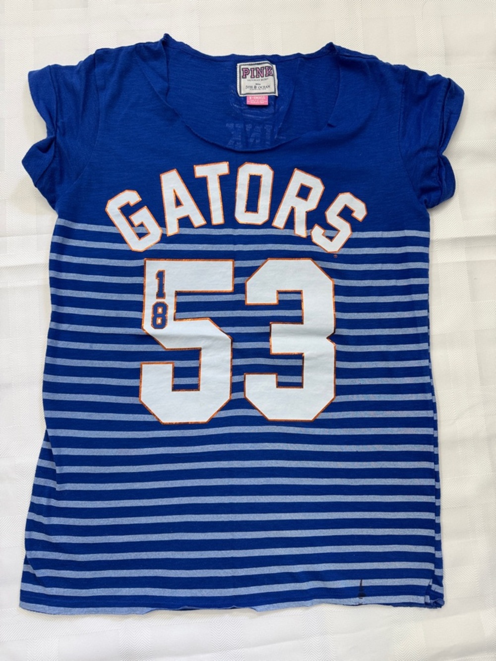 🏈 Game day approaching PINK Victoria's Secret Royal Blue Striped GATORS 53 Tee